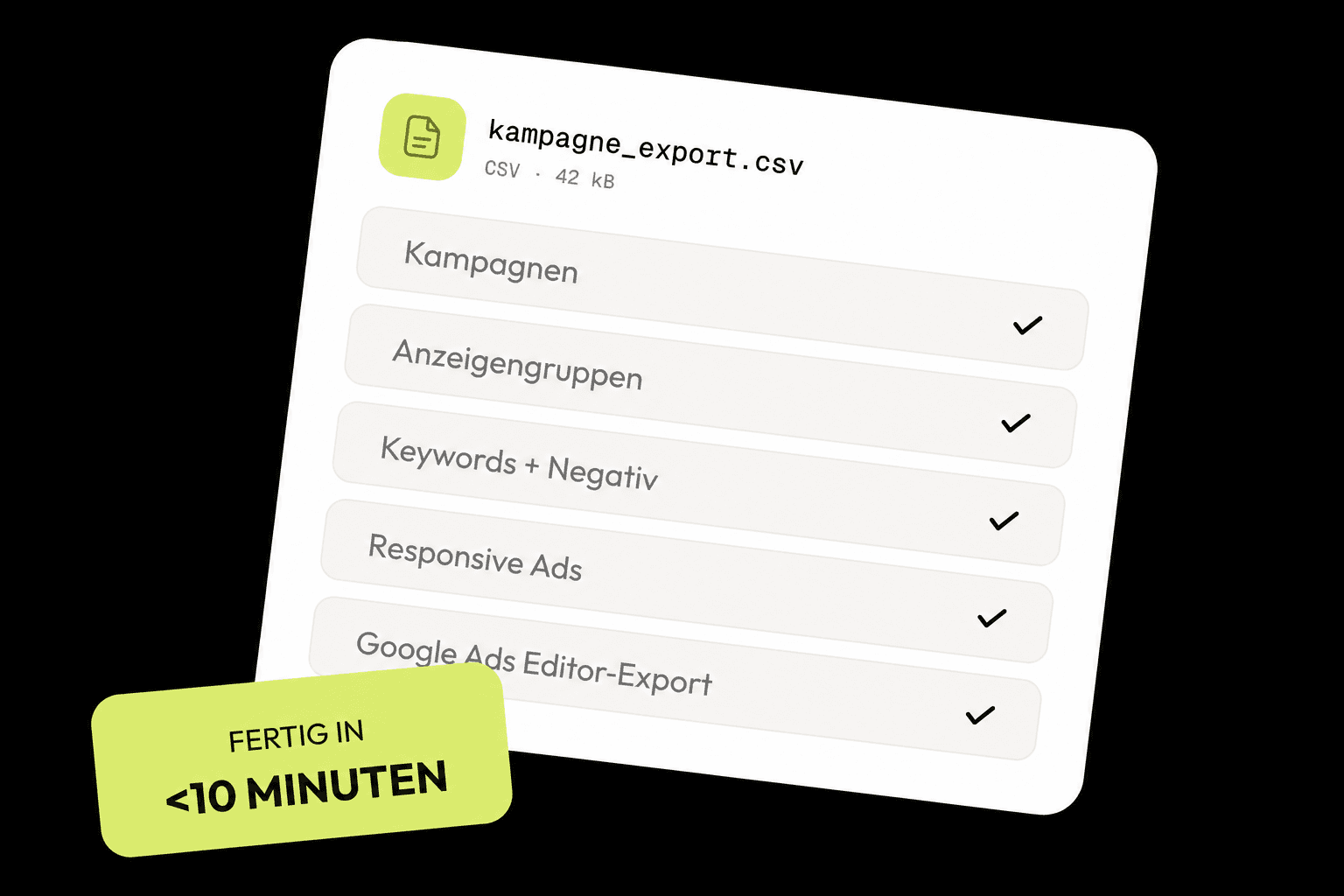 Kampagnen-Export-Karte mit Checkliste und Hinweis: fertig in unter 10 Minuten